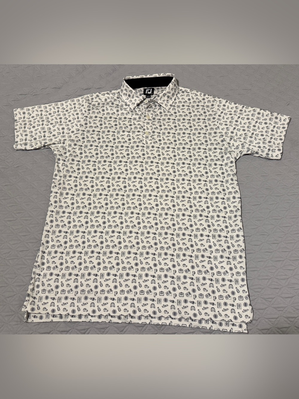 FootJoy FJ Size Large Performance Polo Shirt White Lisle Travel Print AOP Golf